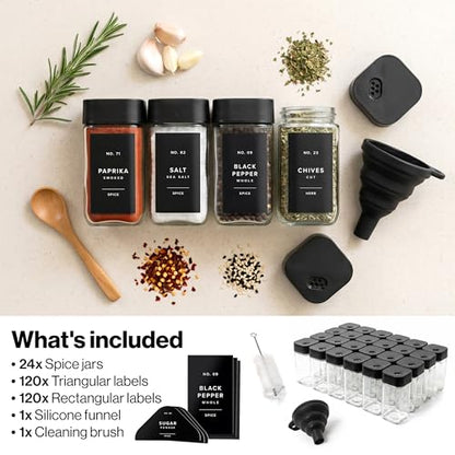 Square Glass Spice Jars with Label and Black Rotating Lids (24 x 4oz) Spice Containers with 240 Labels, Shaker Inserts, Silicone Funnel, Empty Square Empty Square Seasoning Organizer