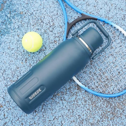 BJPKPK Stainless Steel Insulated Bottle with Handle & Strap, 27oz | Leak-proof vacuum insulation keeps drinks cold/hot for hours. BPA-free, dishwasher safe. Includes handle & strap. Black. - color: Black, size: 27 Ounces