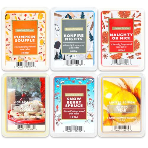 Cozy Holiday Scented Wax Melts Bulk Pack - Bundle with 6 Assorted Fall and Winter Strong-Scented Cubes Pumpkin Souffle, Milk & Cookies, Pear, More | Long-Lasting Wax Melts Set