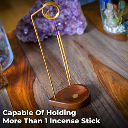 Incense Holder for Sticks - 11.4" Tall Reverse Style Incense Burner Holder with Mess Free Ash Catcher Tray - Modern & Minimalist Design Incense Sticks Holder with Brass & Walnut Wood Elements