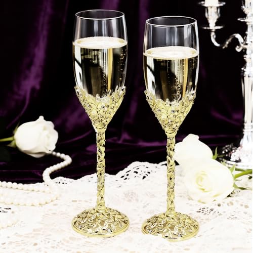 Gold Champagne Flutes -His and Hers,Wedding Toasting Glasses for Wedding,Engagement Celebrations, Bridal Shower and Registry Idea,Wine Glasses for Bride and Groom Gifts,7oz (Light Glod) - color: Light Glod