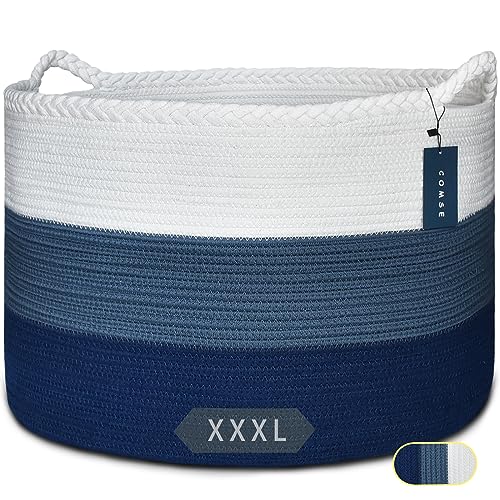 COMSE XXXLarge Woven Blanket & Laundry Basket, 87L, White & Blue | 21.7" x 13.8", Cotton Rope, Nursery Hamper for Storage of Toys Clothes Towels, Ideal for Living Room Bedroom Bathroom - color: White & Cadet Blue & Navy Blue