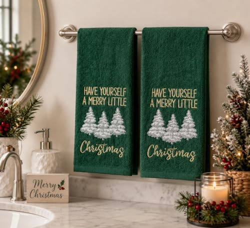Holiday Christmas Bathroom Guest Hand Towels, 100% Cotton, Set of 2, Have Yourself a Merry Little Christmas Gold White on Green- 16” x 25” Decorative Bath & Kitchen Towels - color: Little Christmas