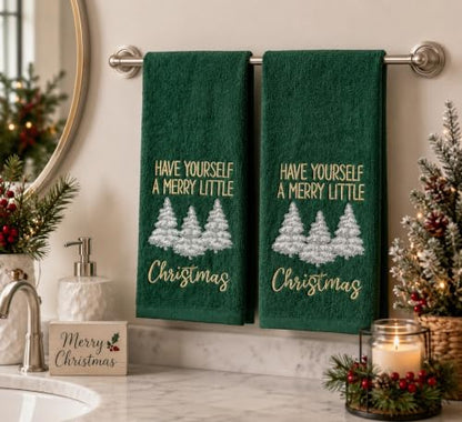 Holiday Christmas Bathroom Guest Hand Towels, 100% Cotton, Set of 2, Have Yourself a Merry Little Christmas Gold White on Green- 16” x 25” Decorative Bath & Kitchen Towels - color: Little Christmas