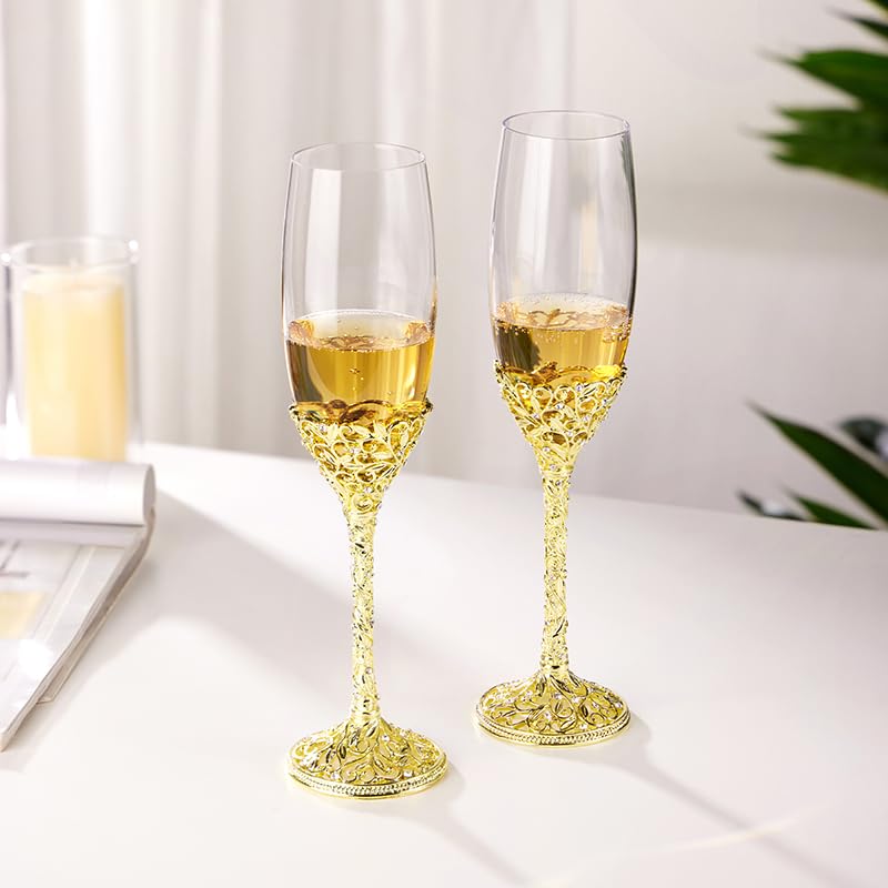 Champagne Flutes -His and Hers,Wedding Toasting Glasses for Engagement Celebrations, Bridal Shower and Registry Idea, Tall Wine Glasses for Bride and Groom Gifts,7oz (Gold New) - color: Gold New