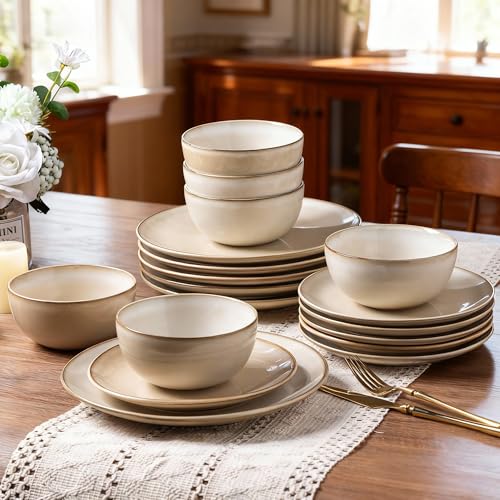 AmorArc Stoneware Dinnerware Sets for 6, 18 Pieces Handpainted Ceramic Plates and Bowls Set, Scratch Resistant Dishes Set, Dishwasher & Microwave Safe, Cappuccino - color: Cappuccino, size: Service for 6