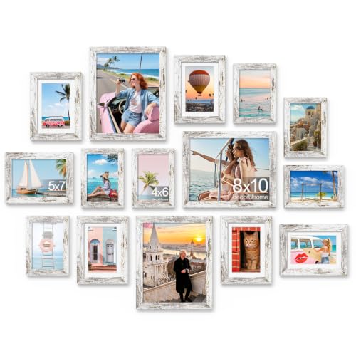 decorUhome 15 Pack Assorted Picture Frame Set for Wall & Tabletop, PF15DW | Distressed White, Includes Three 8x10 / Six 5x7 / Six 4x6 Multi Size, MDF Frame with Plexiglass Cover - color: Distressed White