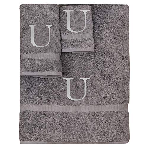 Monogrammed Towel Set, Personalized Gift, Set of 3- Silver Block Letter Embroidered Towel - Extra Absorbent 100% Turkish Cotton - Soft Terry Finish - Initial U Gray - color: Gray & Silver, size: Initial - U
