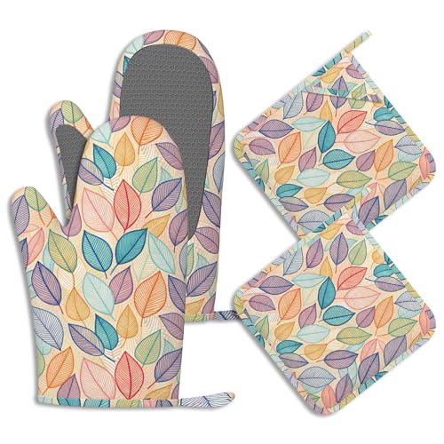 Oven Mitts and Pot Holders Sets Abstract Leaf Silicone Kitchen Mits Potholders Colorful Leaves Heat Resistant 4Pcs Oven Gloves Hot Pads for Baking Cooking BBQ Grilling Home Decor - color: Abstract Leaf,colorful Leaves