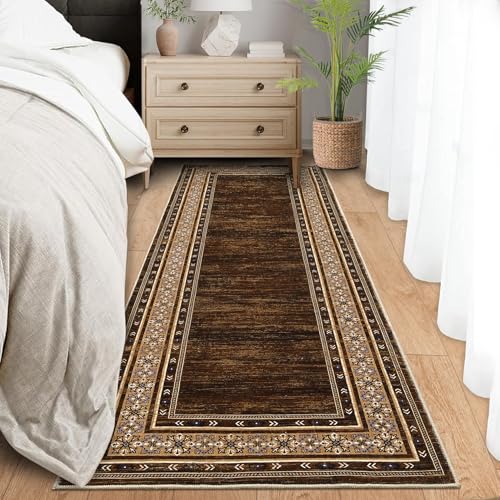 Modern Washable Runner Rug 2x6 Non Slip Solid Area Rugs, Washable Kitchen Mats Bedside Rug, Stain Resistant Soft Bathroom Carpet, Foldable Runners for Hallways, Entryways, Red Brown | Non Slip Non Shedding Stain Resistant Neutral Textured Solid Foldable S