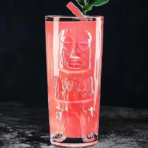 Tiki Glasses Set of 6 - 14 Oz Highball Glasses for Cocktails - Modern Clear Tropical Cups Tumbler Set - Mixed Drinking Glass for Hawaiian Bar Island Party Beverages Iced Tea