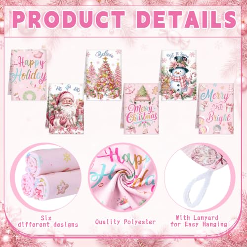 Redbaker 6 Pcs Pink Christmas Kitchen Towels Santa Claus Funny Dishcloth | Xmas Absorbent Farmhouse Decorative Fast Drying Tea Dish Towel with Hanging Loop for Kitchen Bathroom Home Housewarming Gift - style: Pink Christmas