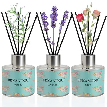 Reed Diffuser Set of 3, Lavender, Rose, Vanilla Aromatherapy Oil Diffusers for Bedroom, Living Room, Office, Gift & Stress Relief, 50ml x 3 - color: Lavender, Vanilla & Rose