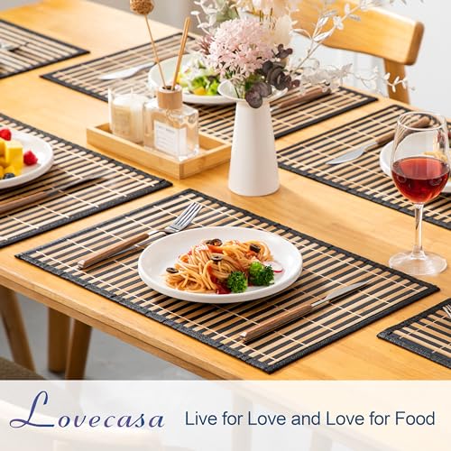 LOVECASA Placemats Set of 6, Bamboo Table Mats Set with Leaf Pattern, 18'' × 12'' Woven Placemat, Washable Heat-Resistant Place Mats for Kitchen, Black Leaf - color: Black