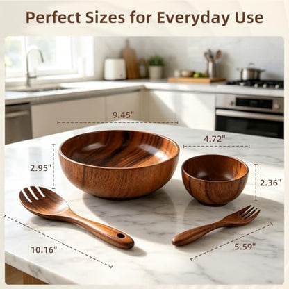Acacia Wood Salad Bowl Set (4-Piece) | Wooden Bowls,Safe for Warm Food,Durable & Easy to Clean,Everyday Kitchen Use,Serving Bowls for Party
