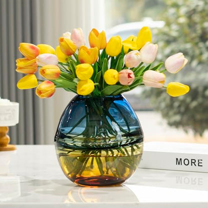 Glass Handmade Decorative Vase Ombre Centerpiece Vase with Yellow Base, Flower Vase for Home Decoration (Low vase) - size: low vase