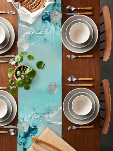 Marble Turquoise Aqua Table Runner 36 Inches Long,Cotton Linen Modern Teal Kitchen Dinner Dining Table Runners Decor Dresser,Burlap Blue Tablerunner for Coffee/Dining/Party/Wedding Table Table Decor - size: 13"x36"