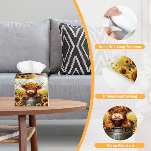Flower Highland Cow 2 Pcs Tissue Box Cover Square, Spring Summer Tissue Box Holder Waterproof Leather Facial Paper Organizer Dispenser for Bathroom Home Car Nightstand - color: Flower Highland Cow