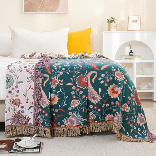 100% Cotton Boho Throw Blanket for Bed White Flowers 90"x98" | 4-Layer Gauze Breathable Double-sided Muslin Blanket,Soft Lightweight All Season Quilt with Fringe,Multi-purpose Blanket - color: Cashews, size: 90"x98"