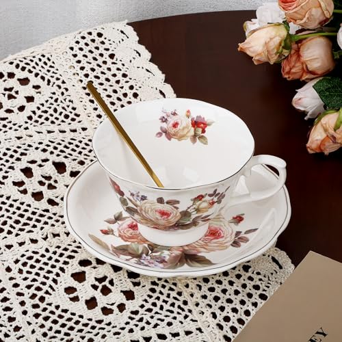 fanquare White Rose Tea Cup and Saucer with Gold Trim, Vintage Bone China Teacup Set with Spoon, 8 oz Coffee Cup for Home Party Gifting | Bone China Tea Cups and Saucers with Gold Trim, Coffee Cup for Home Party Gifting