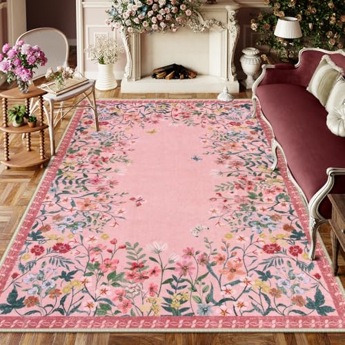Wonnitar 6x9 Washable Area Rug, Pink Floral Rug for Girls Bedroom, Boho Botanical Nursery Rug, Non Slip Low Pile Living Room Carpet, Vintage Flower Dorm Decor (6x9 Pink) - color: Pink, size: 6' x 9' (Rectangular)