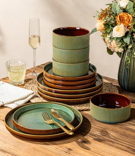 GBHOME Stoneware Dinnerware Sets for 4, 12 Pieces Plates and Bowls Set | Lightweight Ceramic Ribbed Dishes,Reactive Glaze Stackable Plate Set,Scratch Resistant,Microwave Dishwasher Safe,Maroon Olive - color: Maroon Olive