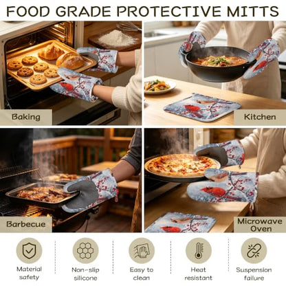 Winter Cardinal Bird Oven Mitts and Pot Holders Sets Silicone Kitchen Mitts Potholders Heat Resistant 4Pcs Oven Gloves Hot Pads for Kitchen Baking Cooking - color: Winter Cardinal Bird