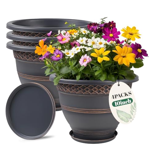 10 Inch Plaid Plant Pots 4 Pack with Drainage and Saucers Copper | Copper plaid PP pots with drainage holes and saucers for herbs flowers succulents indoor patio porch - color: Copper, size: 10 Inches-4 packs