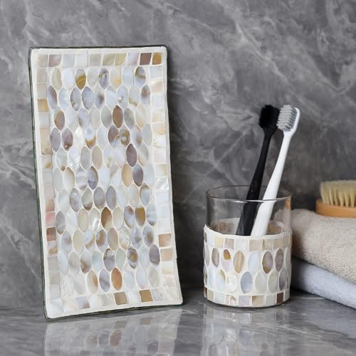 WDHODEC Mosaic Bathroom Accessory Set 5PCS with Natural Shell & Glass Soap Dispenser Cotton Jar Soap Dish Vanity Tray Tumbler for Hotels, Modern Bathroom Counter and Sink Decoration White