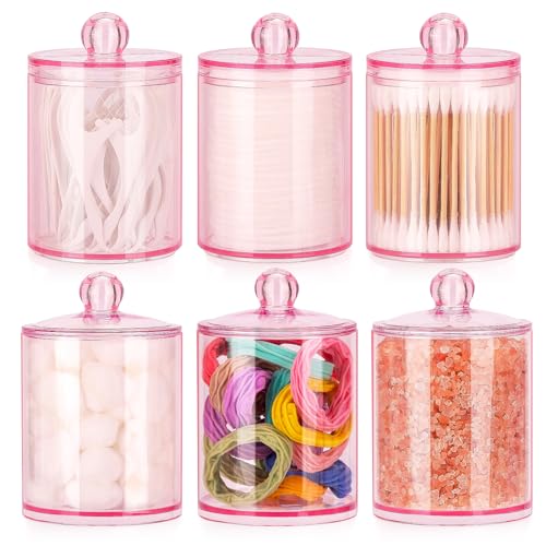 Tbestmax 6 Pack Qtip Holder - 12 oz, 10 oz Bathroom Organizer and Storage Containers, Plastic Apothecary Jars with Lids for Cotton Ball, Cotton Swab, Floss, Pink - color: Pink 6 Pcs
