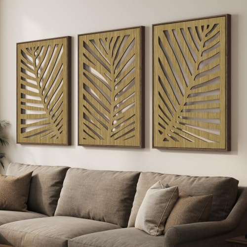 Framed Boho Cutout Carved Wood Tropical Wall Decor for Living Room, 24x36 | Cutout carved wood artwork, Wooden, Bohemian, Botanical, 3 Piece, Tropical palm leaf, Brown, Dining room farmhouse wall decor - color: Brown Color
