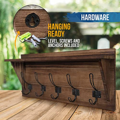 HBCY Creations Rustic Brown Solid Wood Wall Mounted Coat Rack with Shelf, 5 Hooks, 24" Long - Kitchen, Mudroom, Entryway, Bathroom - Includes Mounting Hardware, Coat Hanger, Dog Leash Hooks - color: 1- Rustic Brown