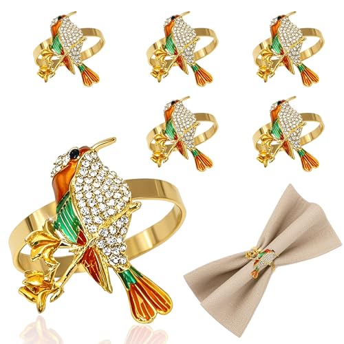 Hummingbird Napkin Rings Set of 6 Sparkly Rhinestone Bird Napkin Holder for Spring Party Garden Wedding Baby Shower Decor,Lively Dining Table Setting for Holiday Gathering & Family Dinner - style: Yellow