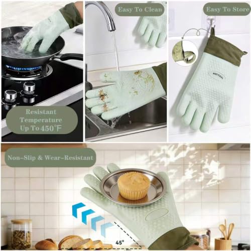 Silicone Oven Gloves with Fingers Heat Resistant 450°F in Kitchen | 1Pair Silicone Oven Mitts, Waterproof, Non-Slip, Extended Cuff Cotton Lined Kitchen Mitts for Baking Cooking Barbecue(Green) - style: green-large