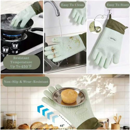 Silicone Oven Gloves with Fingers Heat Resistant 450°F in Kitchen | 1Pair Silicone Oven Mitts, Waterproof, Non-Slip, Extended Cuff Cotton Lined Kitchen Mitts for Baking Cooking Barbecue(Green) - style: green-large