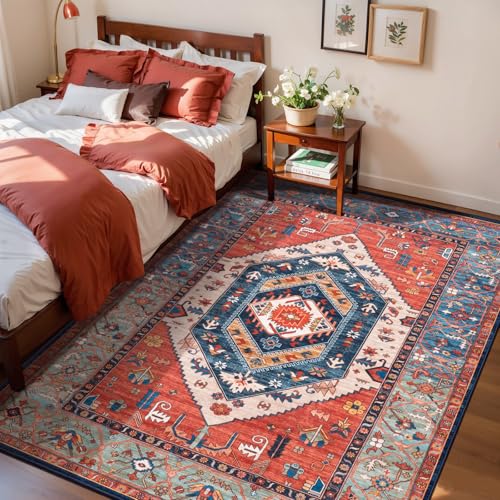 SERISSA 3x5 Washable Non Slip Boho Area Rug for Bedroom，Rust | Ultra Soft Vintage Oriental Carpet Low-Pile Tribal Throw Rug Carpet for Entry Living Room Nursery Kitchen Dorm Decor - color: Rust/Multi, size: 3' x 5' (Rectangular)