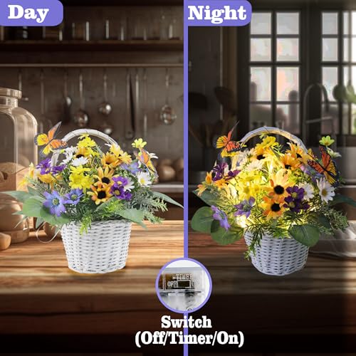 Eksen Artificial Flowers in Basket Vase with Lights, Faux Floral Arrangement for Table,Home Kitchen Centerpieces Party Decor