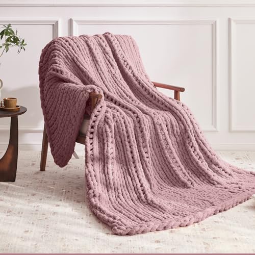Negwoo Chunky Knit Throw Blanket, Knitted Throw Chenille Yarn, 30"*40" | Soft Thick Cable Knitted Blankets, Handmade Big Thick Blanket, Machine Washable Cute Comfy Blanket for Home Decor, Muted pink - color: Muted Pink, size: 30"x40"