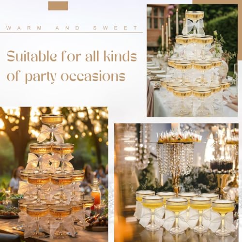 Set of 24 Plastic Champagne Coupe Glasses with Bow 7 oz Gold Champagne Tower Set Stackable Acrylic Ribbed Martini Glasses Cocktail Coupe Cup for Wedding Birthday Party Bar(Organza,White) - color: White, style: Organza