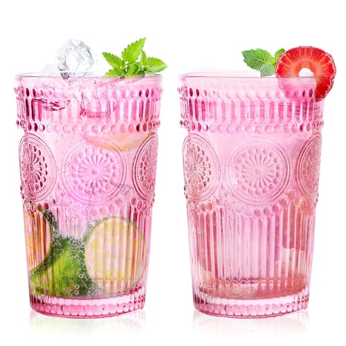 Loivttvv 6pcs Vintage Drinking Glasses Set, 12 oz Pink Highball Glasses, Embossed Ribbed Glassware Cups for Cocktail, Water, Juice, Coffee, Whiskey - color: Pink