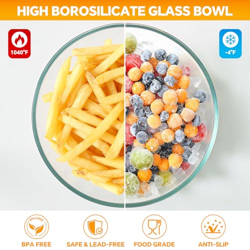 Glass Mixing Bowls with Lids Set of 5(4.78QT,2.2QT,1.7QT,1.1QT,0.85QT),Thick Glass Nesting Bowls for Kitchen Baking,Cooking Prep,Storage,Serving,Large Salad Bowls,Dishwasher Microwave Freezer Safe