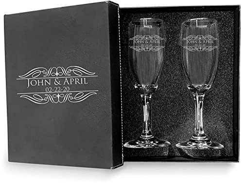 Set of 2 Personalized Wedding Champagne Flutes with Box- Royal Classy Design - Engraved Champagne Glasses for Bride and Groom Flutes for Wedding - color: Wedding-05, style: Glasses + Gift Box