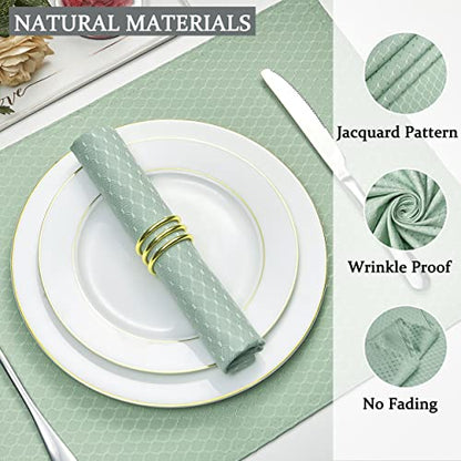 Sage Green Jacquard 17x17 Square Polyester Cloth Napkins Set of 8 | Waterproof, Stain Resistant, Shrink Proof, Washable, fabric, Outdoor, Dining, Wedding, Kitchen, Party, Banquet, Reusable - color: Sage Green