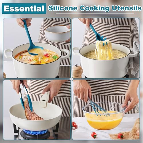 LIANYU 14 Pcs Silicone Kitchen Cooking Utensils Set with Holder,Dark Blue | 446°F Heat Resistant Silicone Cooking Utensils Spatula Set, Non-Stick & Dishwasher Safe Cooking Tools, Comfort Grip Handle - color: Dark Blue