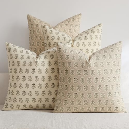 Set of 4 18x18 Floral Pillow Covers, Farmhouse Neutral Print Decorative Throw Pillow Covers for Couch and Living Room Bedroom Home Decor, Vintage Accent Square Pillow Cases, Beige - color: Beige
