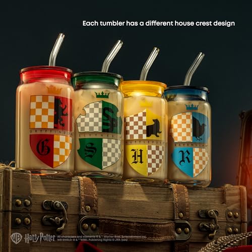 JoyJolt Harry Potter House Crests Glass Tumblers with Lids and Straws, 16oz Glass Cups with Lids and Straws, Can Shaped Drinking Glasses Set of 4, Hogwarts Cup, Harry Potter Merchandise - style: Harry Potter