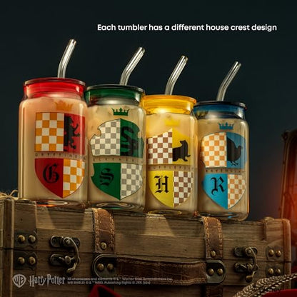 JoyJolt Harry Potter House Crests Glass Tumblers with Lids and Straws, 16oz Glass Cups with Lids and Straws, Can Shaped Drinking Glasses Set of 4, Hogwarts Cup, Harry Potter Merchandise - style: Harry Potter