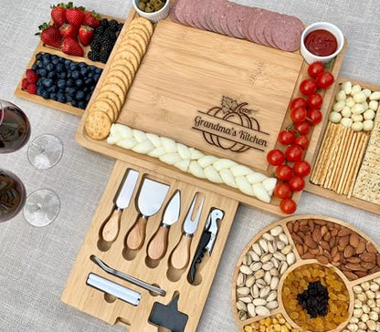 Engraved Charcuterie Board Gift – Custom Bamboo Cheese Tray 15.25" x 13" with Utensils – Wedding Registry, Housewarming & Holiday Present - color: Design #29
