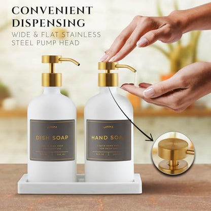 Glass Soap Dispenser Set of 2 (White) with Silicone Tray | Hand and Dish Soap Dispenser for Kitchen and Bathroom | 16.8 Oz Glass Bottles with Stainless Steel Pump & 15 Waterproof Labels (White/Gold) - color: White/Gold