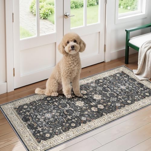 RUUGME 2x4 Entryway Runner Rugs: Non-Slip Washable Small Runners for Kitchen Vintage Low Pile Carpet for Indoor Entrance Hallway Soft Thin Stain Resistant DoorMat for Bathroom Bedroom(Black/Multi,2x4) - color: Black/Multi, size: 2x4